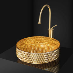 Modern Round Glass Vessel Sink in Black, Clear, and Gold