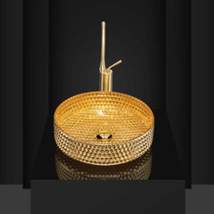 Modern Round Glass Vessel Sink in Black, Clear, and Gold
