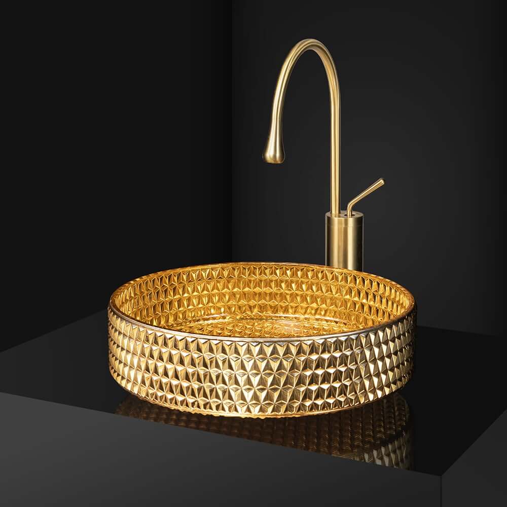 Modern Round Glass Vessel Sink in Black, Clear, and Gold