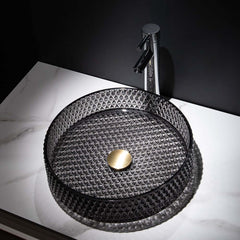 Modern Round Glass Vessel Sink in Black, Clear, and Gold