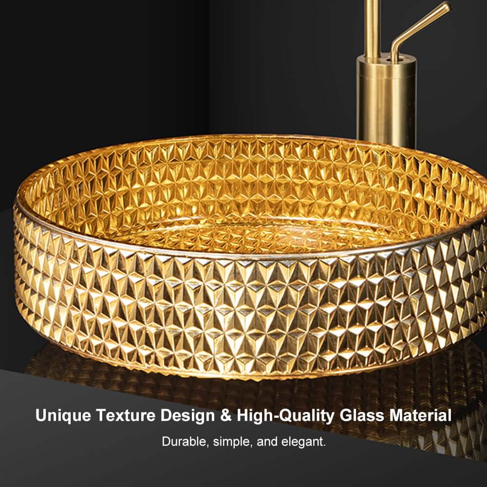 Modern Round Glass Vessel Sink in Black, Clear, and Gold