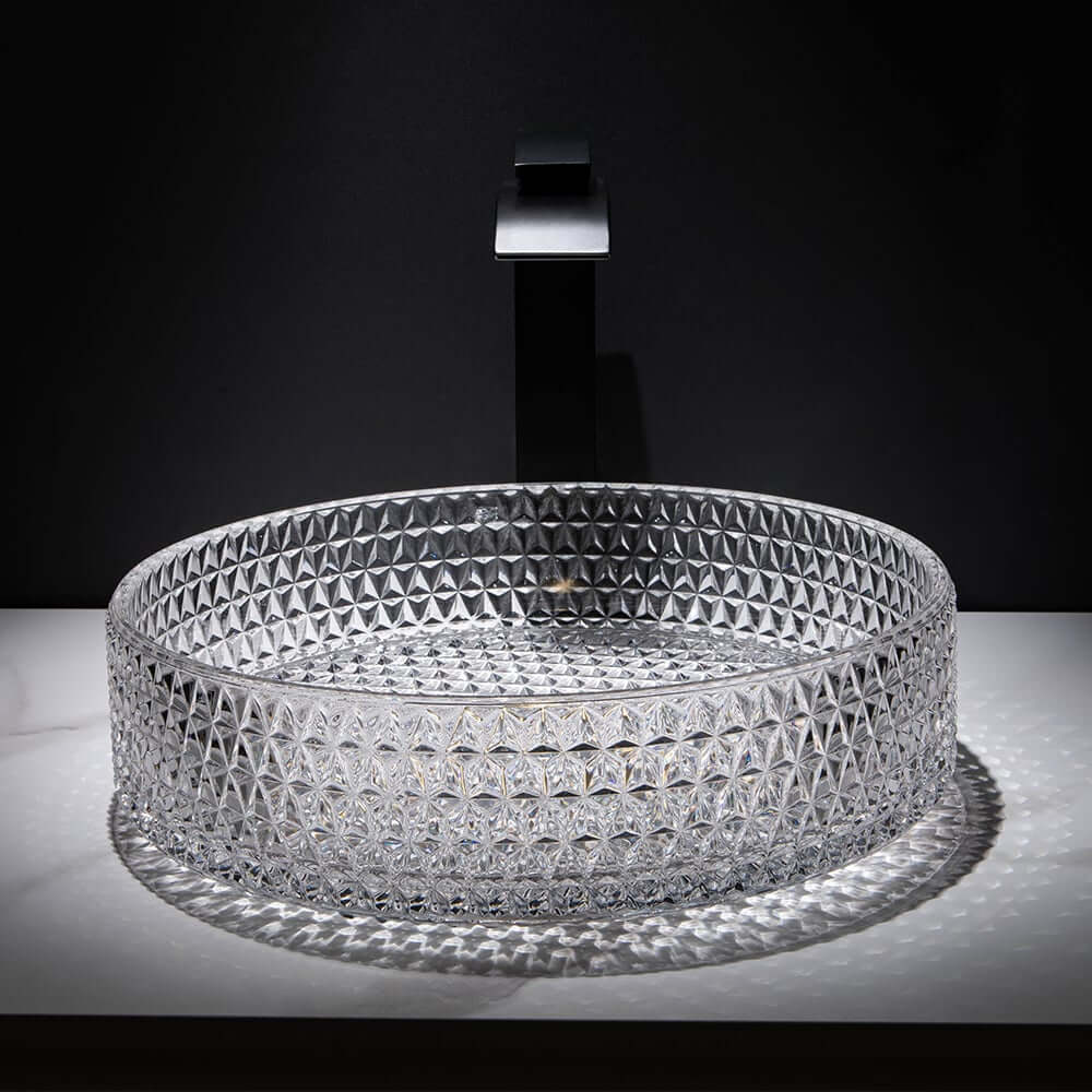 Modern Round Glass Vessel Sink in Black, Clear, and Gold