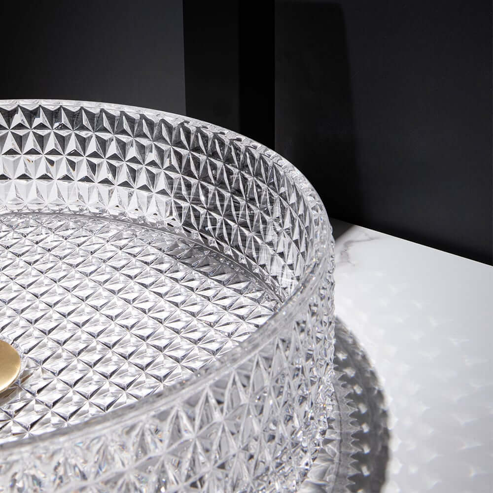 Modern Round Glass Vessel Sink in Black, Clear, and Gold