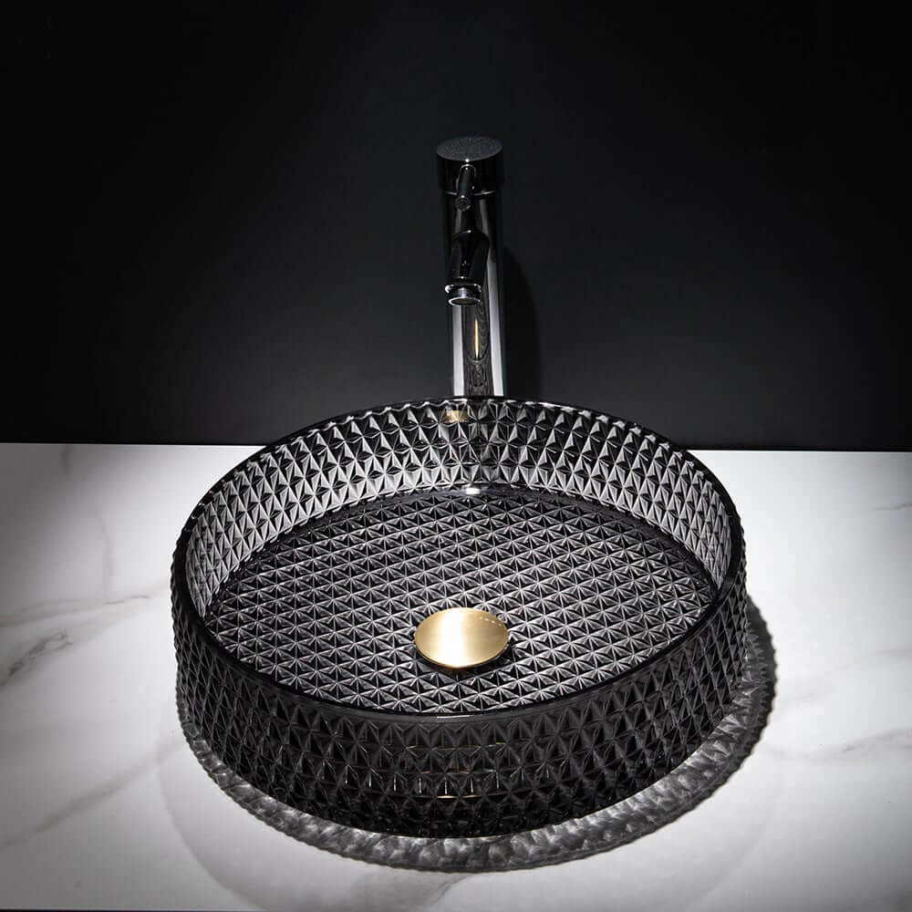 Modern Round Glass Vessel Sink in Black, Clear, and Gold