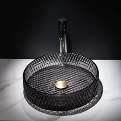 Modern Round Glass Vessel Sink in Black, Clear, and Gold