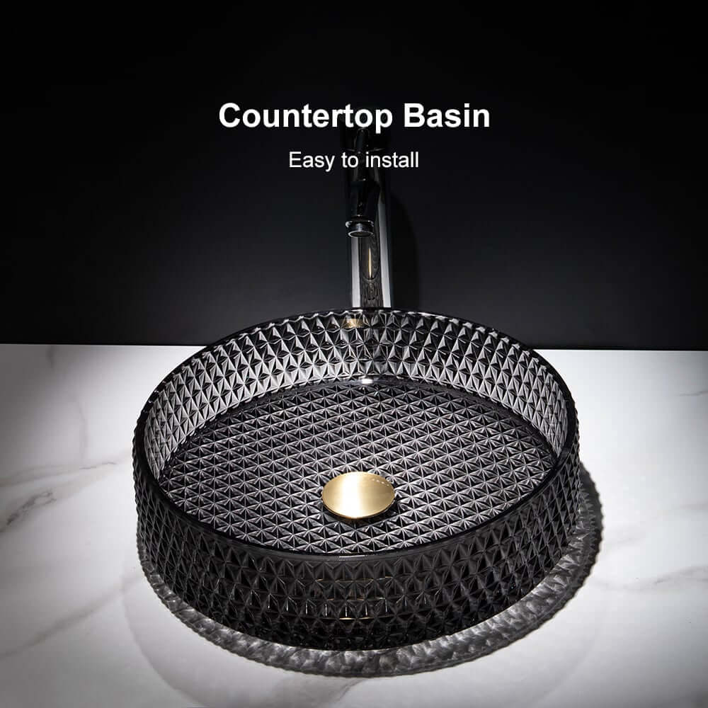 Modern Round Glass Vessel Sink in Black, Clear, and Gold