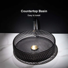 Modern Round Glass Vessel Sink in Black, Clear, and Gold