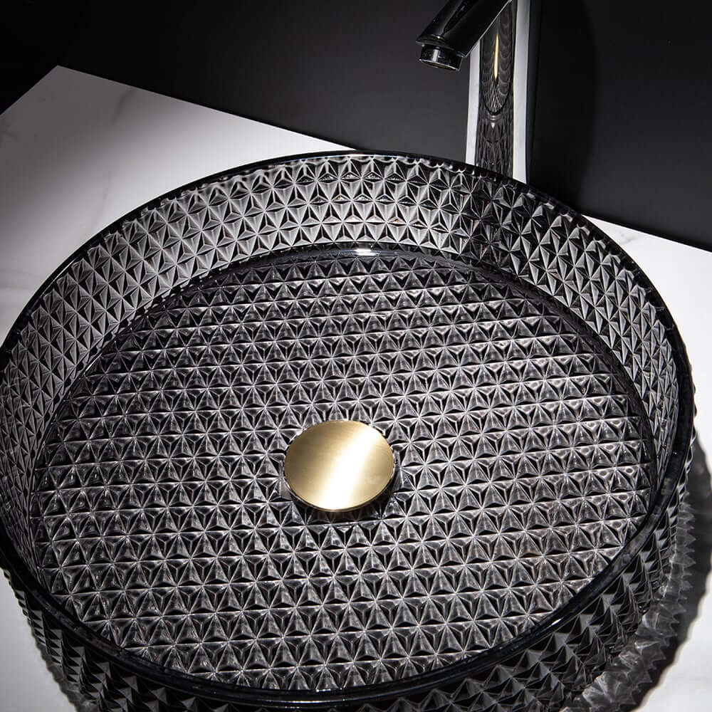 Modern Round Glass Vessel Sink in Black, Clear, and Gold