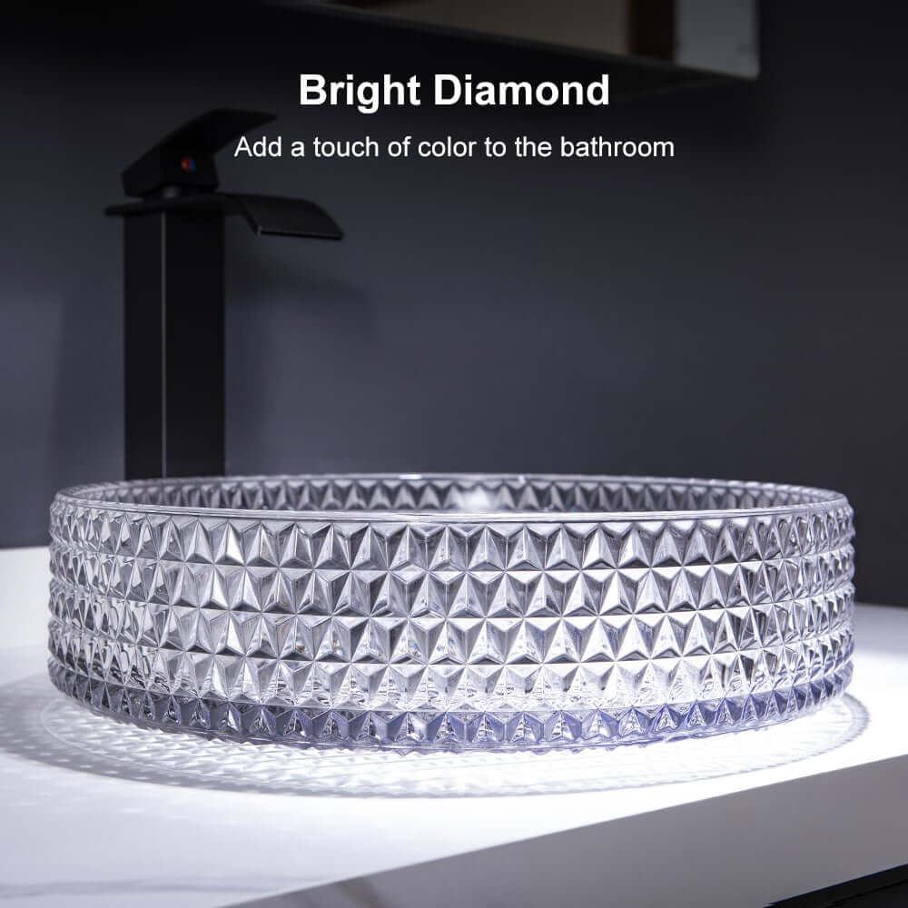 Modern Round Glass Vessel Sink in Black, Clear, and Gold