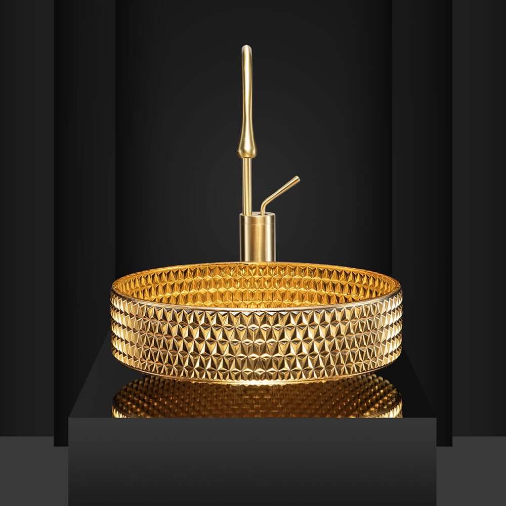 Modern Round Glass Vessel Sink in Black, Clear, and Gold