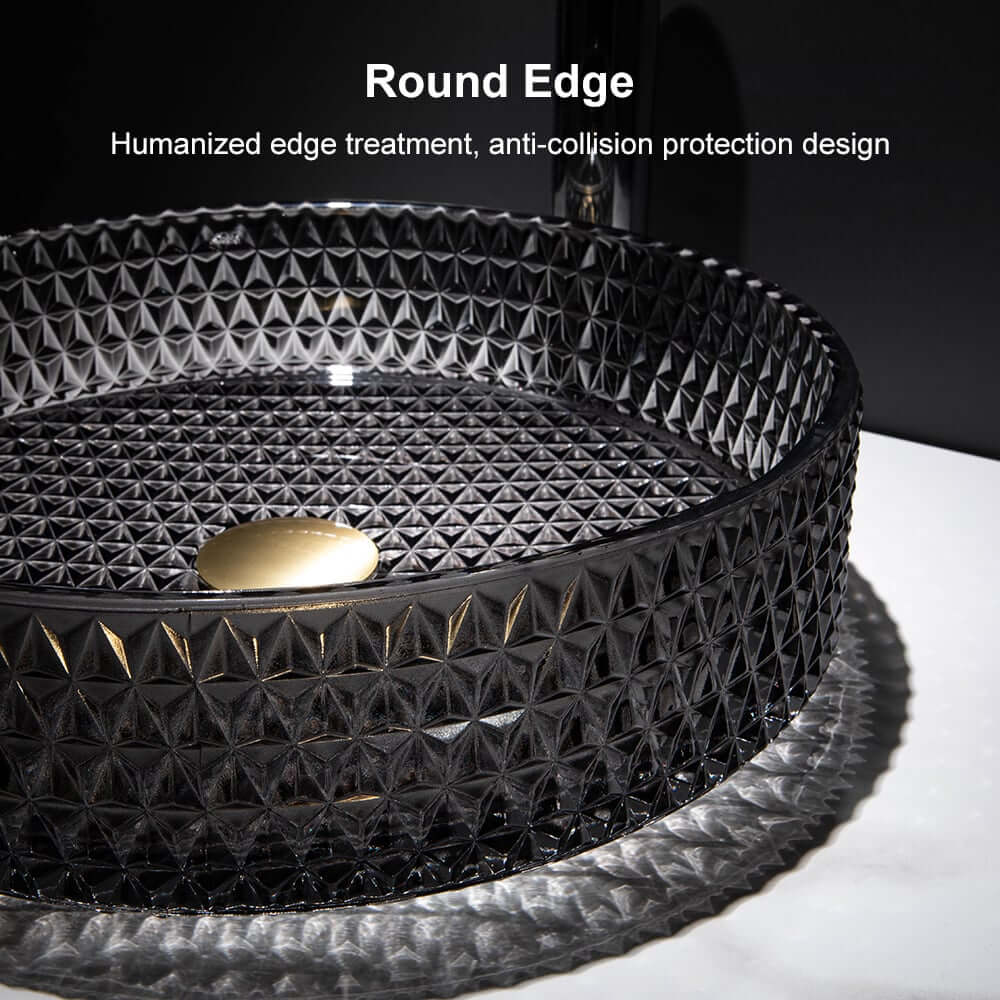 Modern Round Glass Vessel Sink in Black, Clear, and Gold