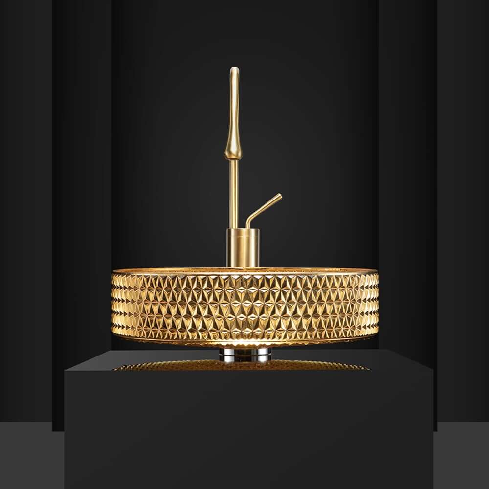 Modern Round Glass Vessel Sink in Black, Clear, and Gold