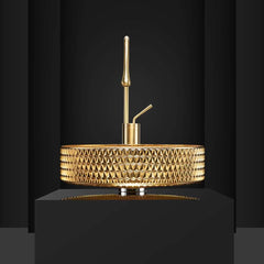 Modern Round Glass Vessel Sink in Black, Clear, and Gold