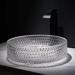 Modern Round Glass Vessel Sink in Black, Clear, and Gold