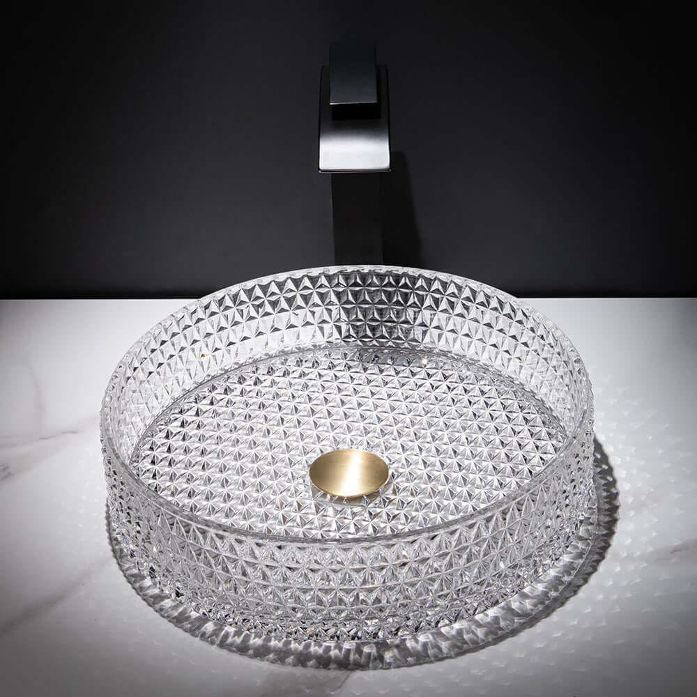 Modern Round Glass Vessel Sink in Black, Clear, and Gold