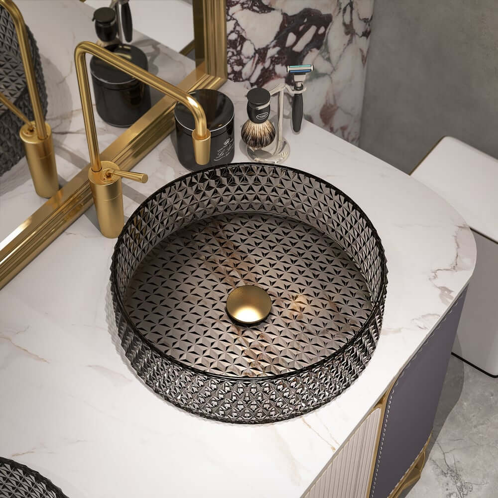 Modern Round Glass Vessel Sink in Black, Clear, and Gold