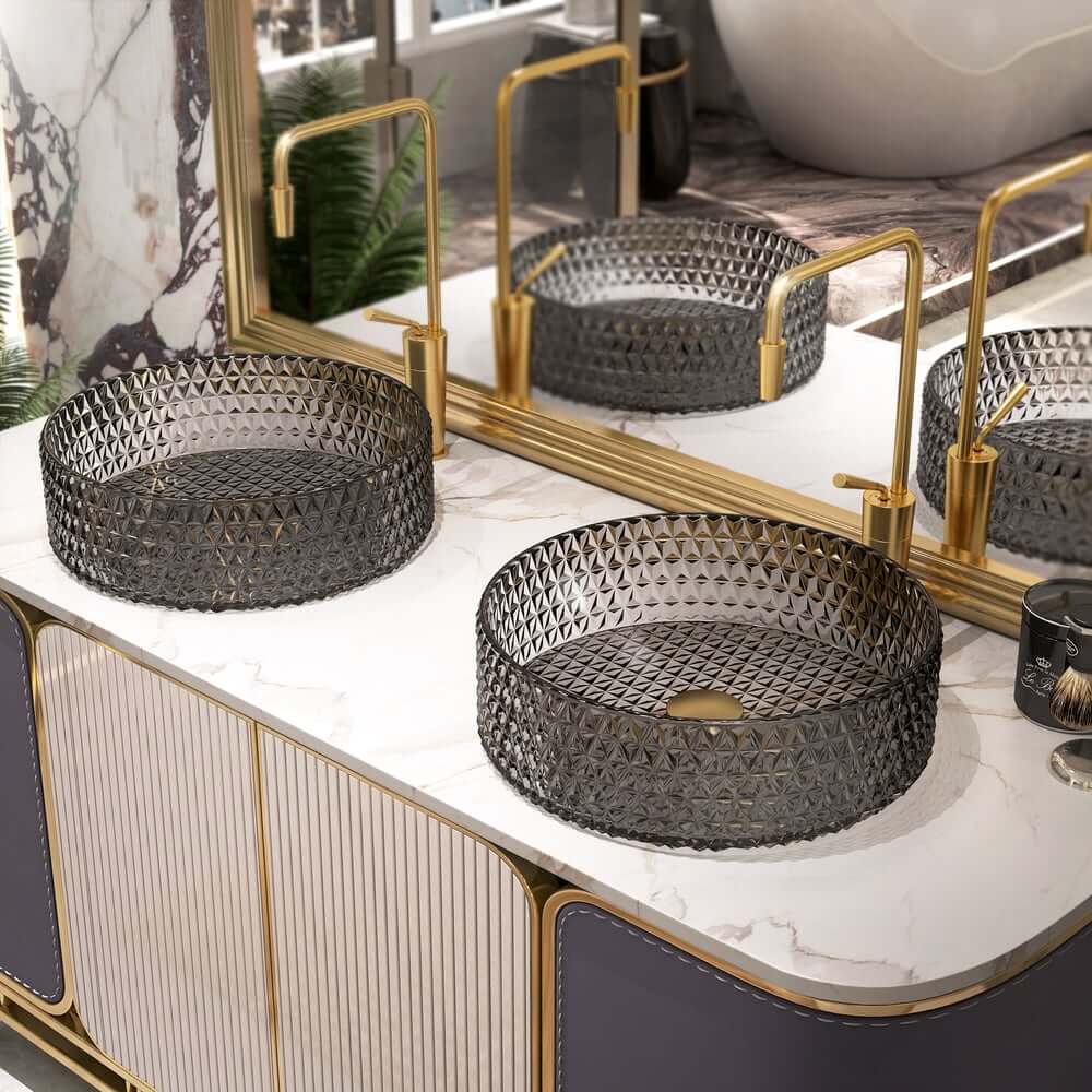 Modern Round Glass Vessel Sink in Black, Clear, and Gold