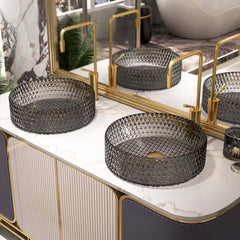 Modern Round Glass Vessel Sink in Black, Clear, and Gold