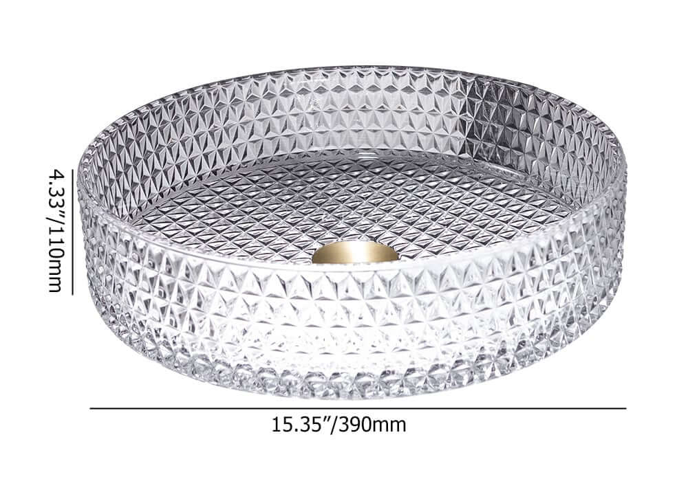 Modern Round Glass Vessel Sink in Black, Clear, and Gold Dimensions