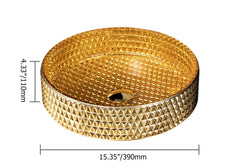 Modern Round Glass Vessel Sink in Black, Clear, and Gold Dimensions