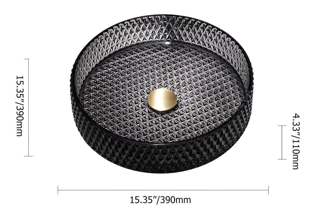 Modern Round Glass Vessel Sink in Black, Clear, and Gold Dimensions