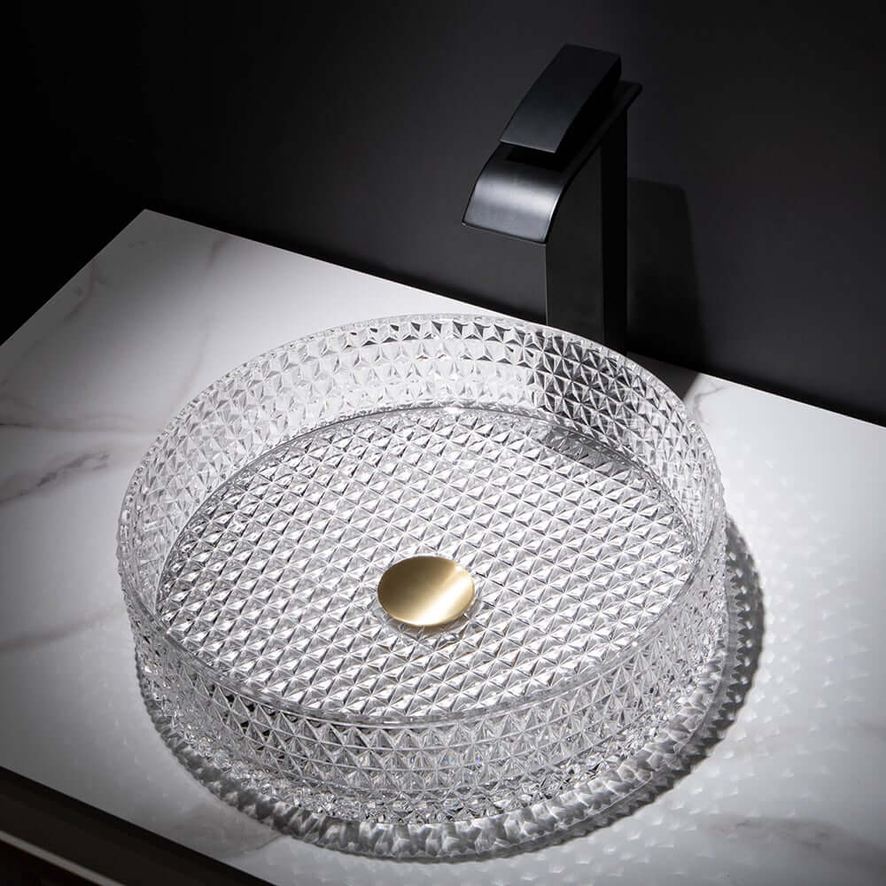 Modern Round Glass Vessel Sink in Black, Clear, and Gold Main Product Image