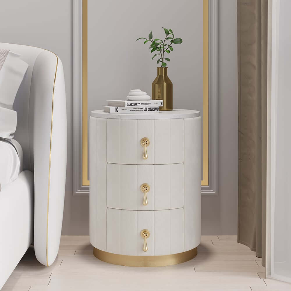 Modern Round Nightstand With Sintered Stone Top, 3 Drawers