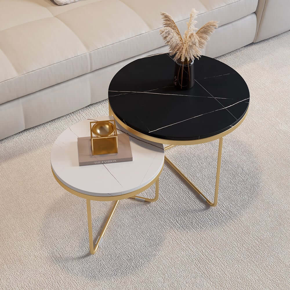 Modern Round Sintered Stone Coffee Table Set, Gold Frame