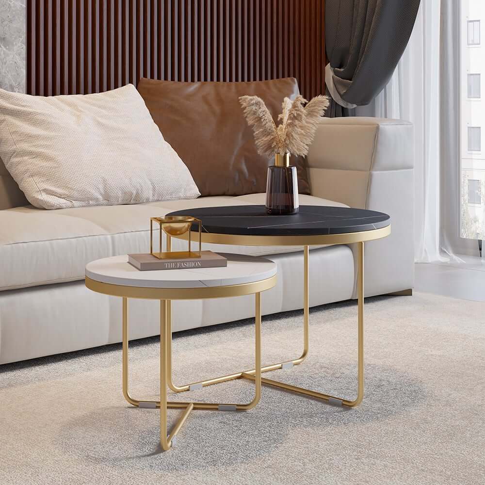 Modern Round Sintered Stone Coffee Table Set, Gold Frame