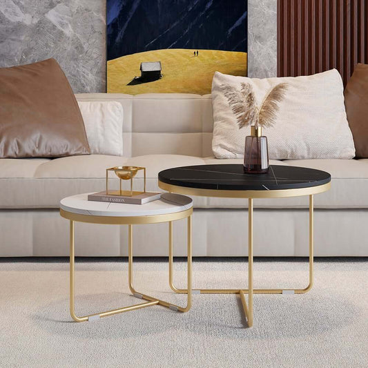 Modern Round Sintered Stone Coffee Table Set, Gold Frame