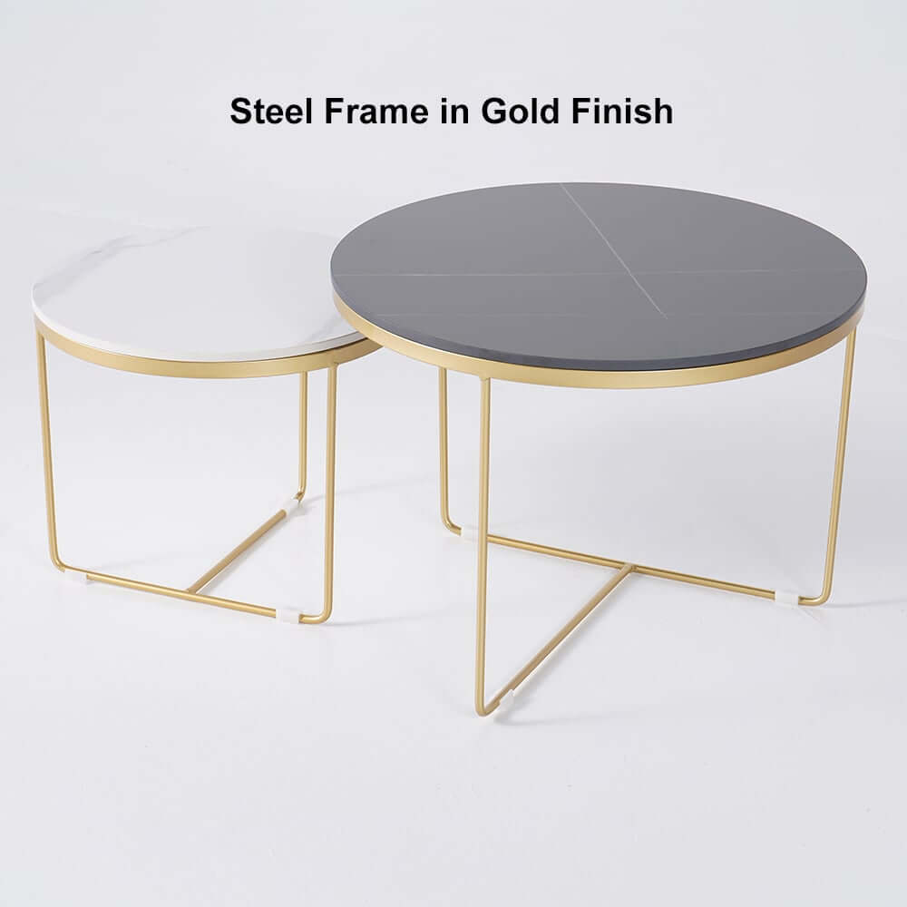 Modern Round Sintered Stone Coffee Table Set, Gold Frame