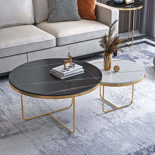 Modern Round Sintered Stone Coffee Table Set, Gold Frame Main Product Image