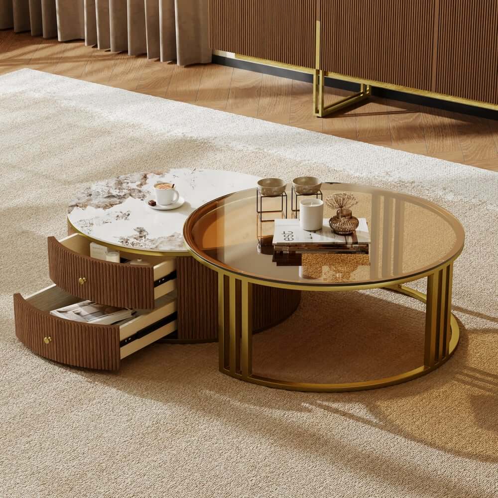 Modern Round Sintered Stone Coffee Tables With Drawers
