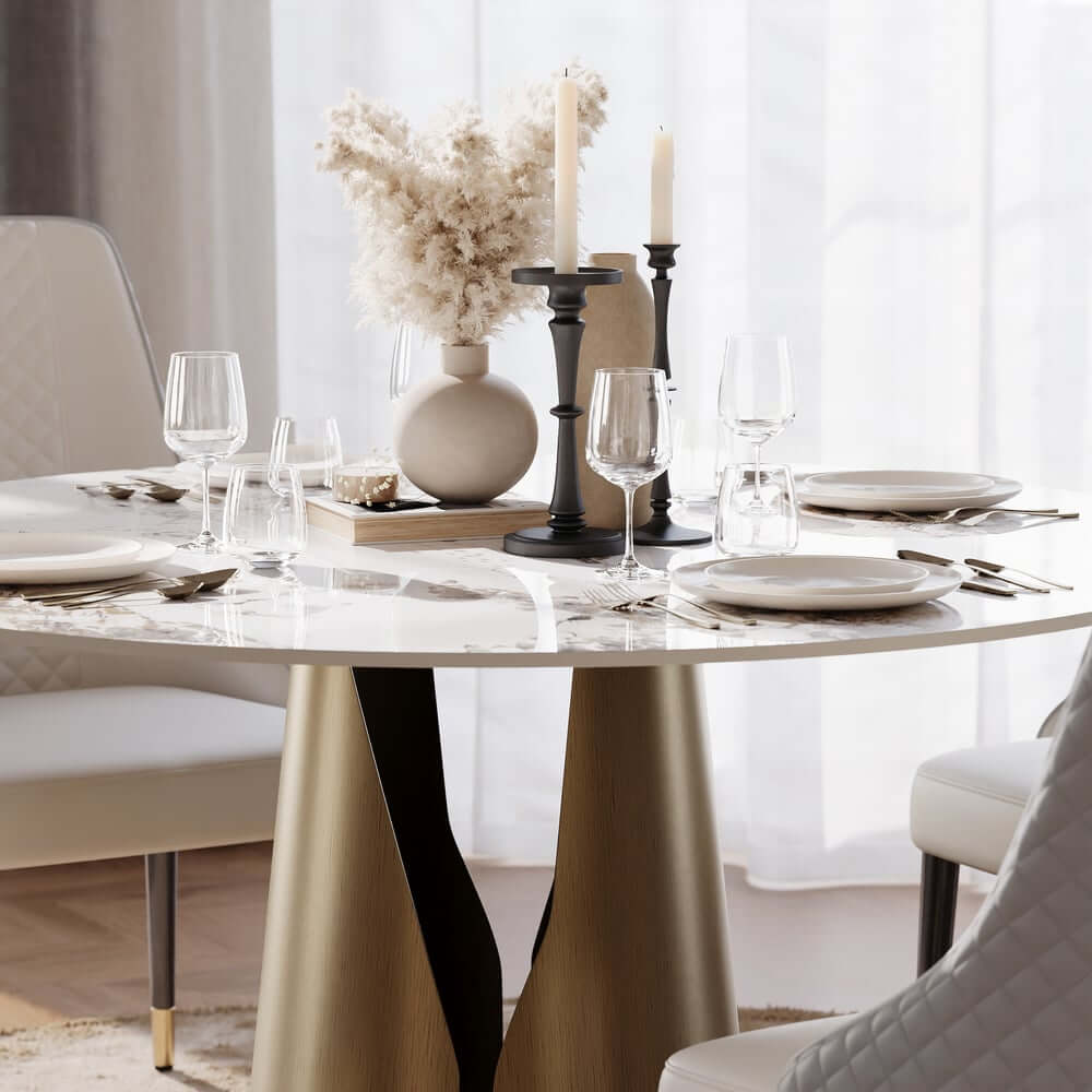 Modern Round Sintered Stone Dining Table, Gold Pedestal Base