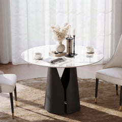 Modern Round Sintered Stone Dining Table, Gold Pedestal Base