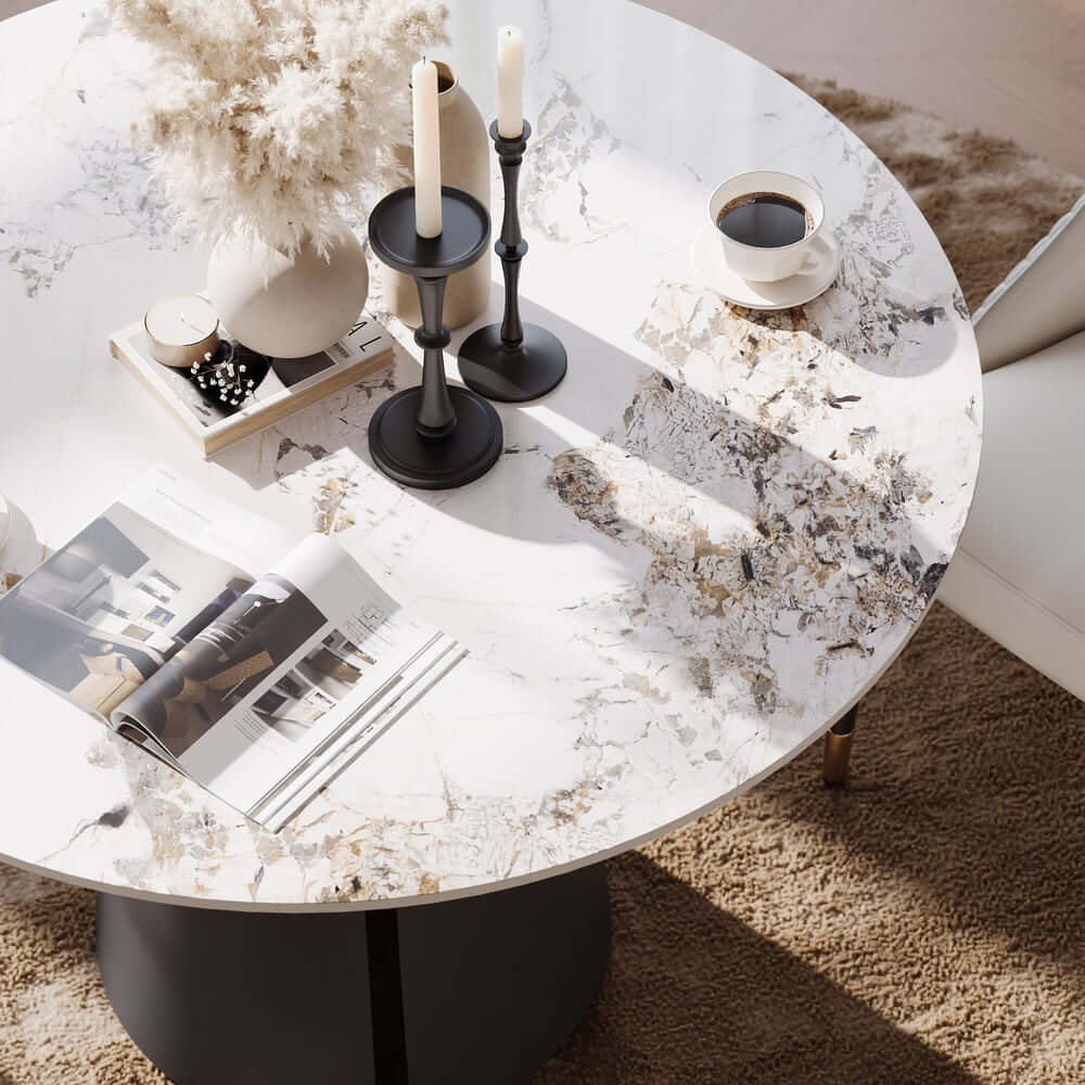 Modern Round Sintered Stone Dining Table, Gold Pedestal Base