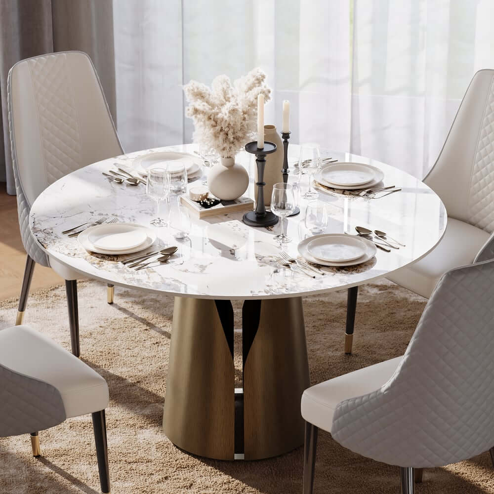Modern Round Sintered Stone Dining Table, Gold Pedestal Base