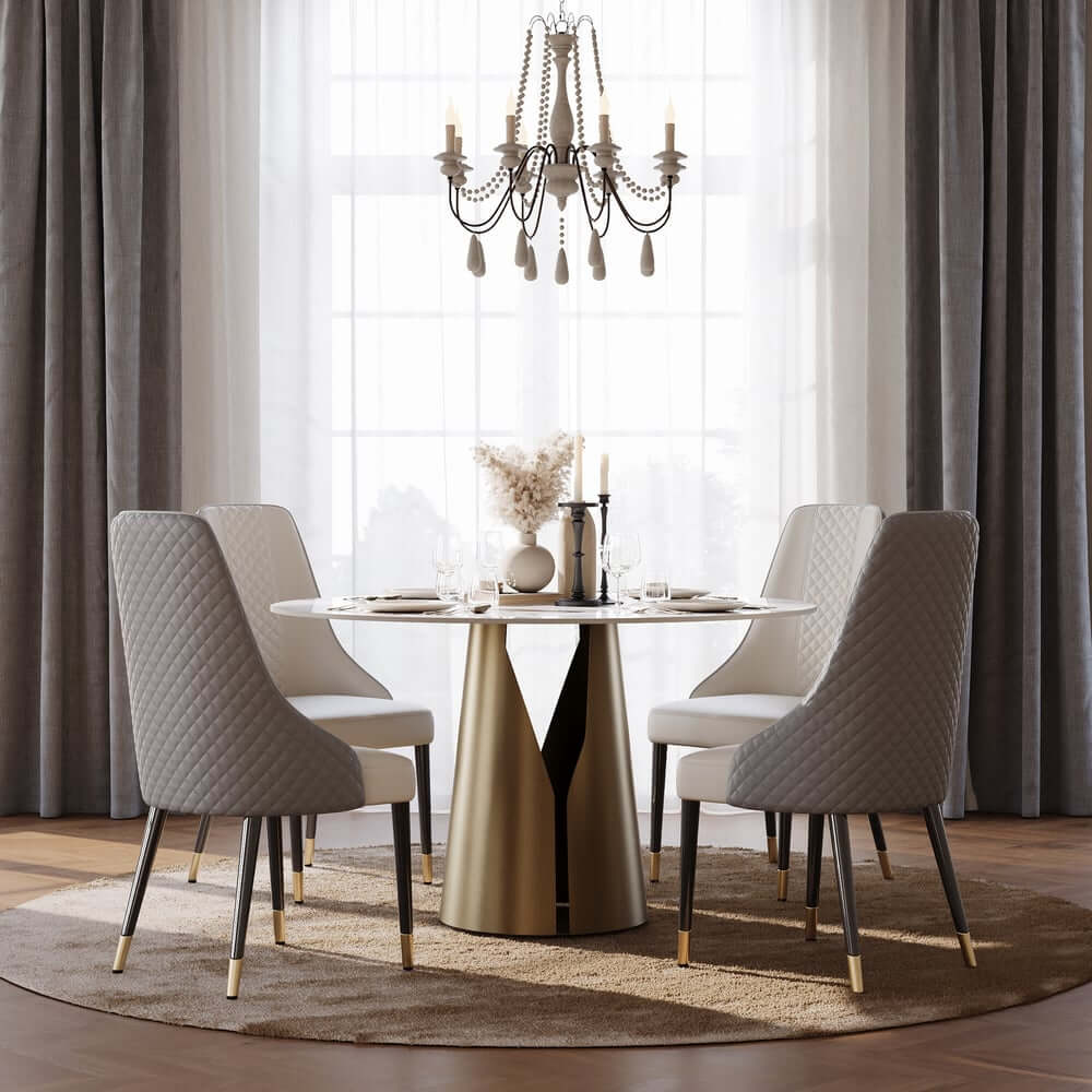 Modern Round Sintered Stone Dining Table, Gold Pedestal Base