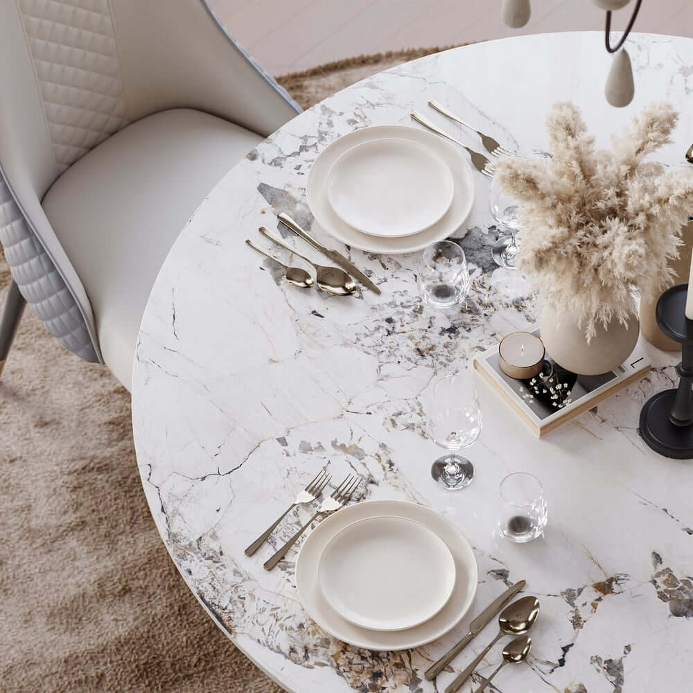 Modern Round Sintered Stone Dining Table, Gold Pedestal Base