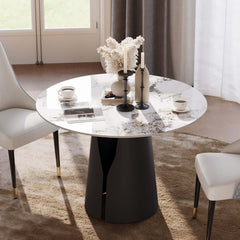 Modern Round Sintered Stone Dining Table, Gold Pedestal Base