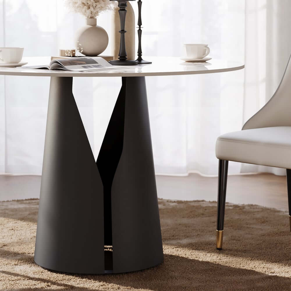 Modern Round Sintered Stone Dining Table, Gold Pedestal Base