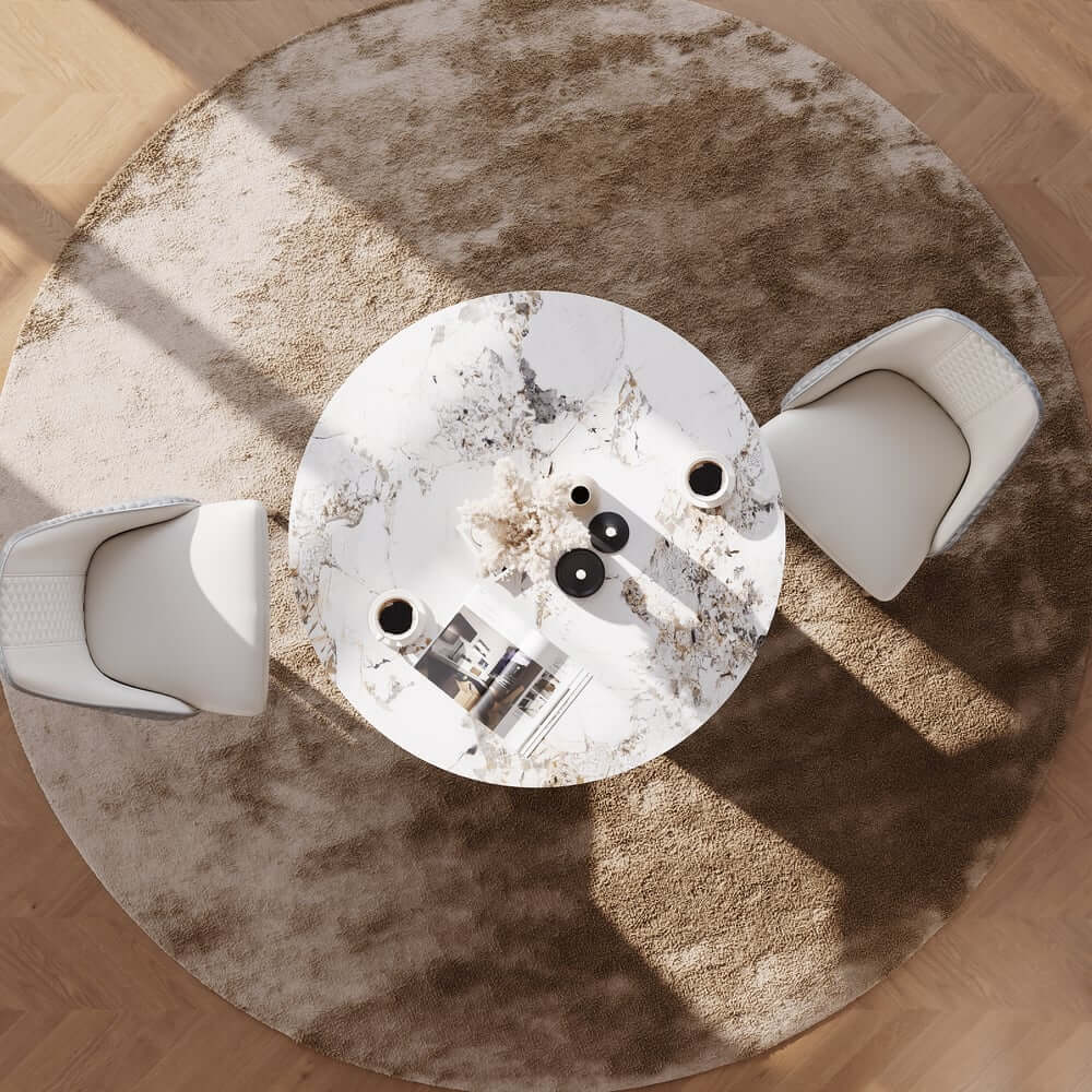 Modern Round Sintered Stone Dining Table, Gold Pedestal Base