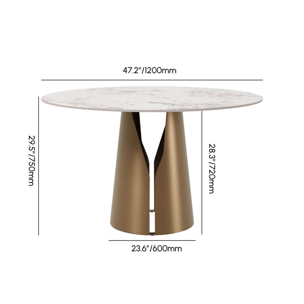 Modern Round Sintered Stone Dining Table, Gold Pedestal Base Dimensions