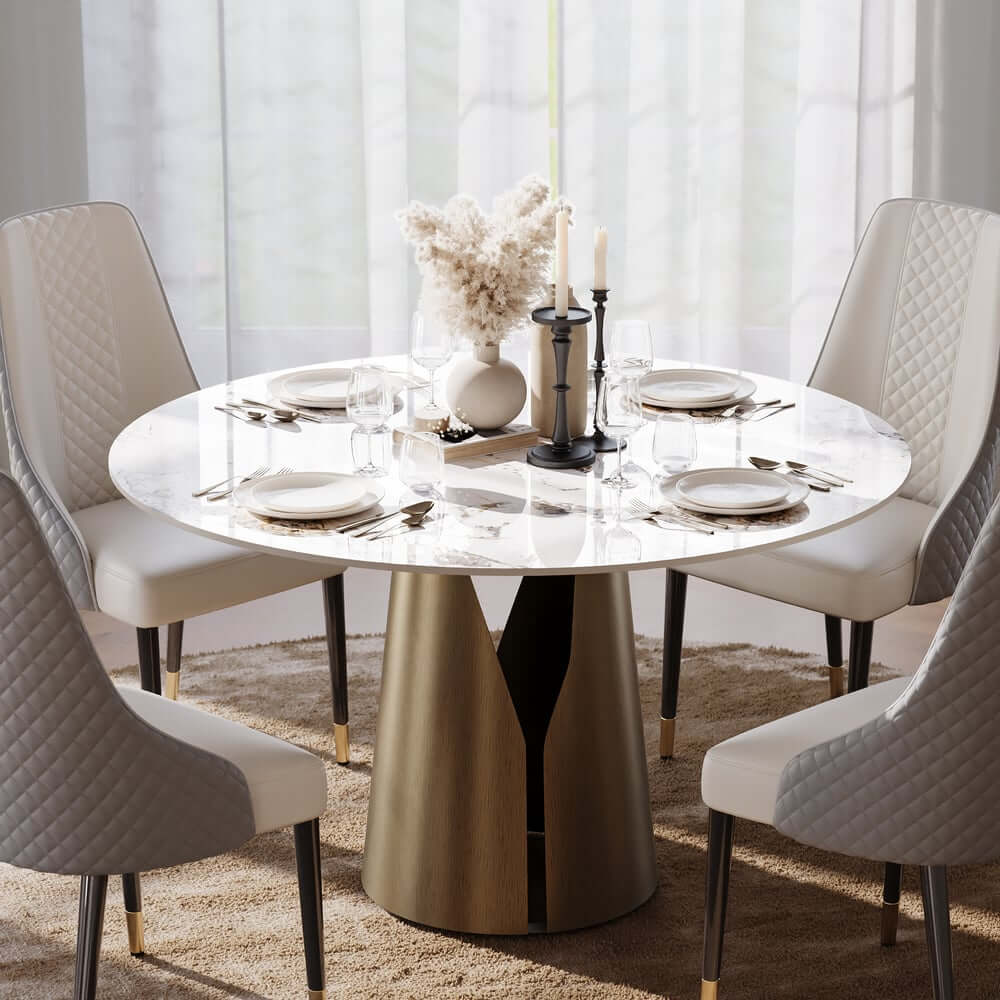 Modern Round Sintered Stone Dining Table, Gold Pedestal Base Main Product Image