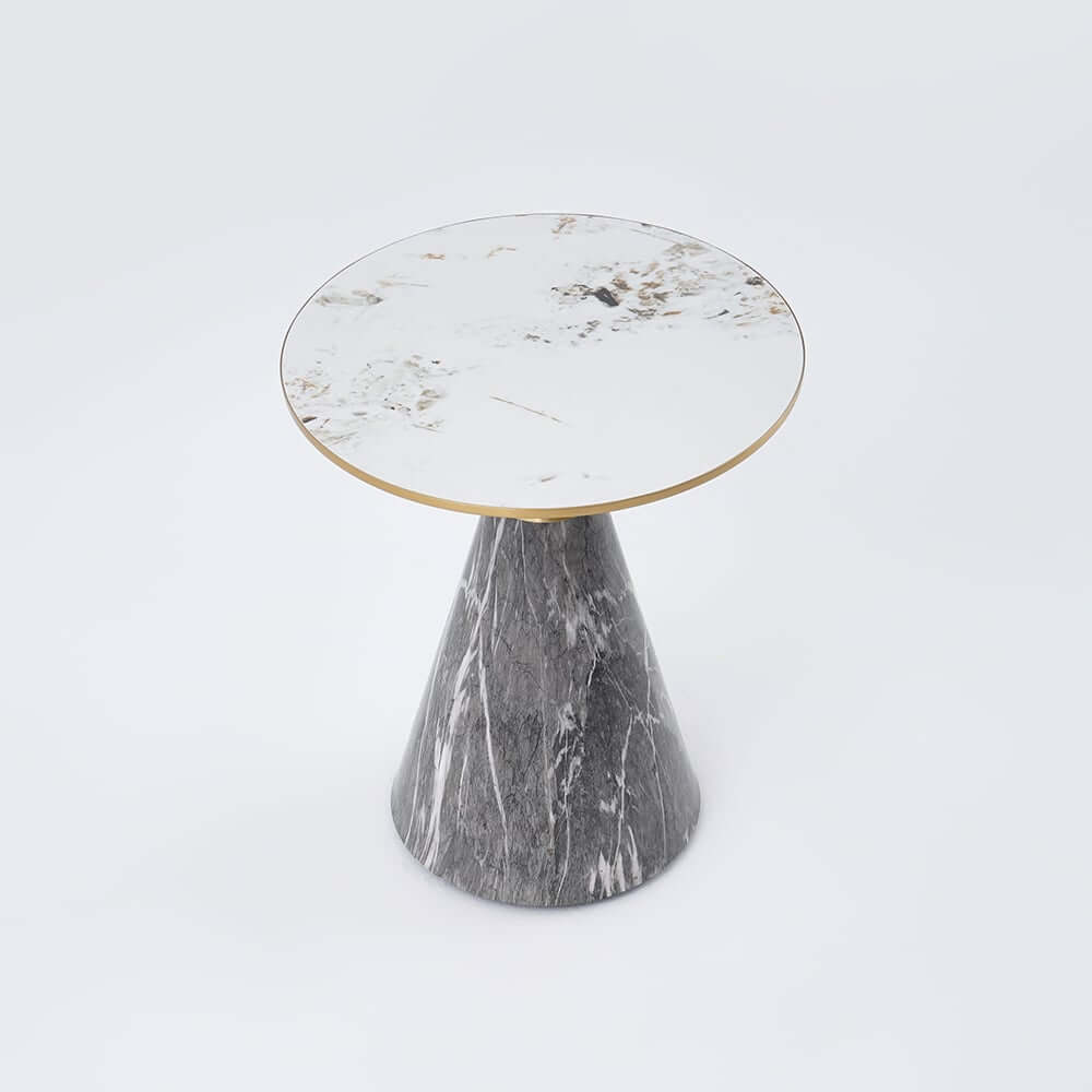 Modern Round Sintered Stone End Table With Walnut Veneer