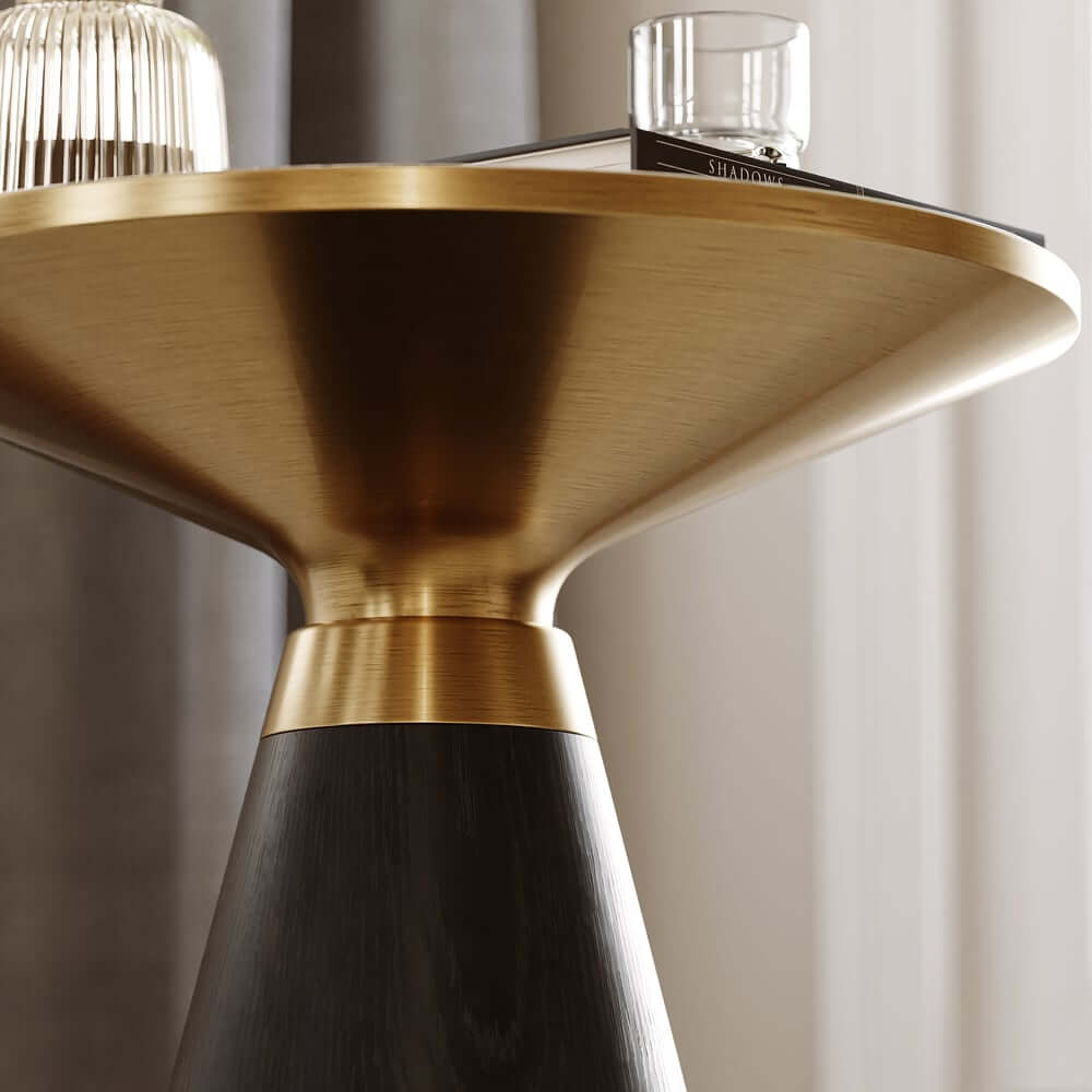 Modern Round Sintered Stone End Table With Walnut Veneer