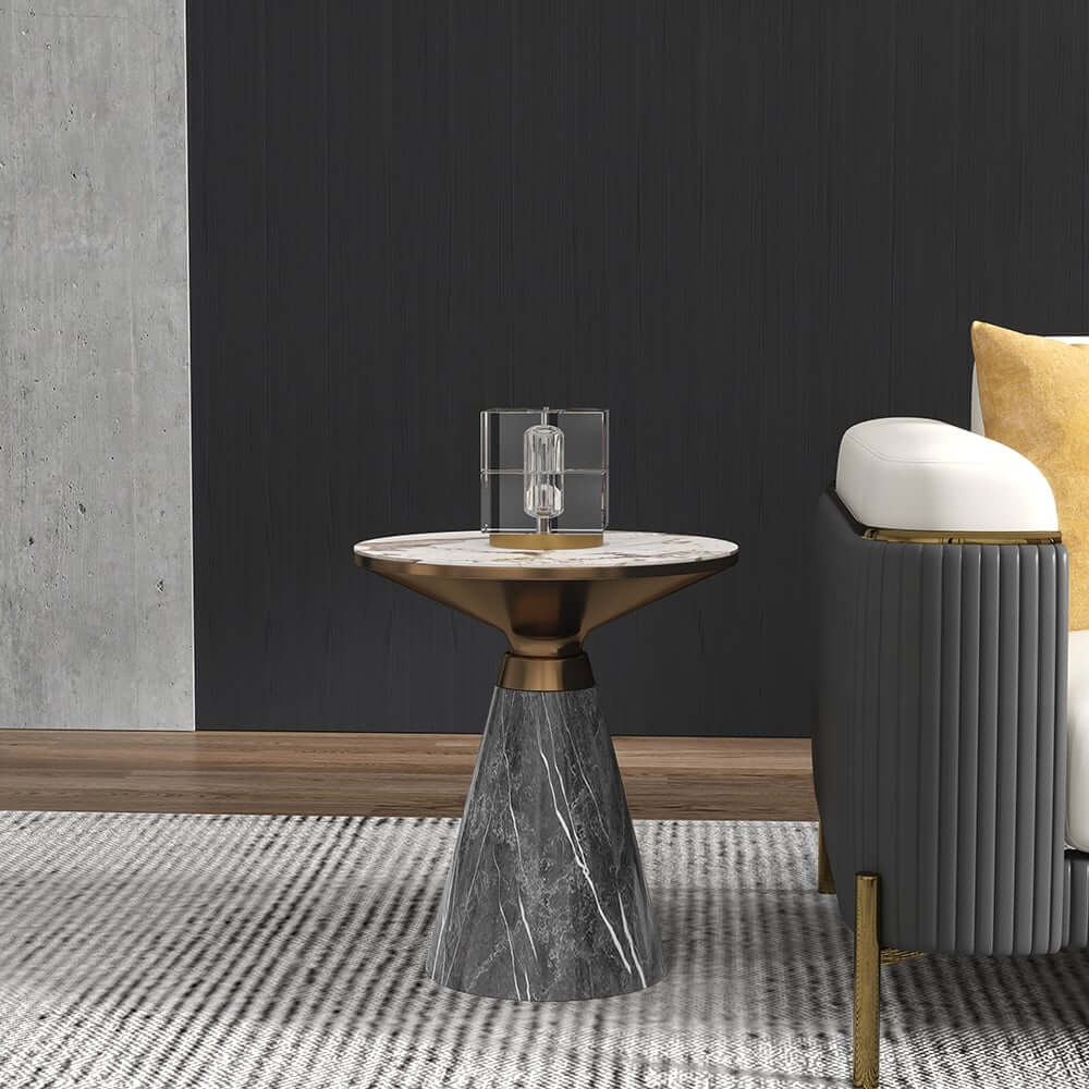Modern Round Sintered Stone End Table With Walnut Veneer