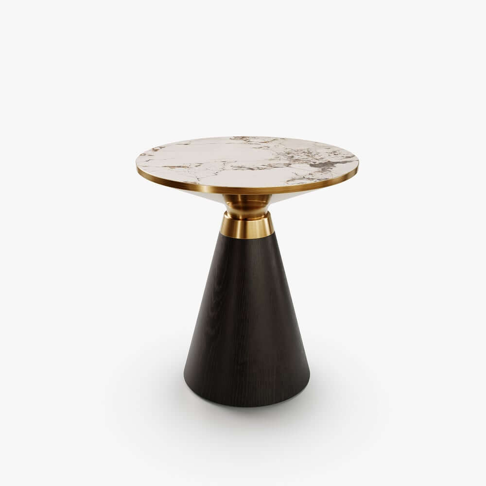 Modern Round Sintered Stone End Table With Walnut Veneer