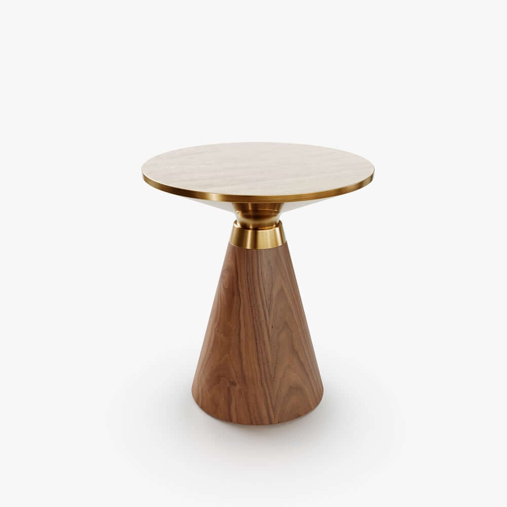 Modern Round Sintered Stone End Table With Walnut Veneer