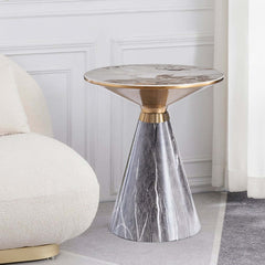 Modern Round Sintered Stone End Table With Walnut Veneer